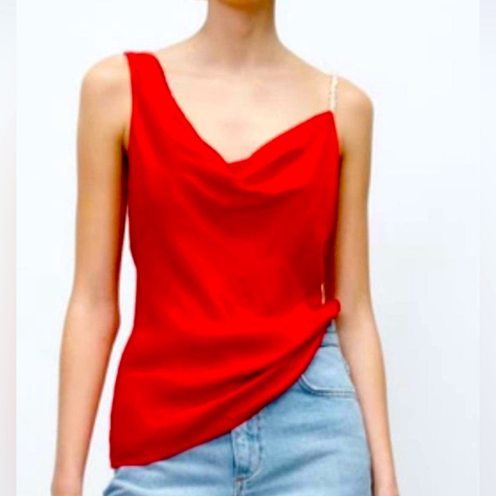 ZARA Red Satin Pearl Strap Tank- Size XS